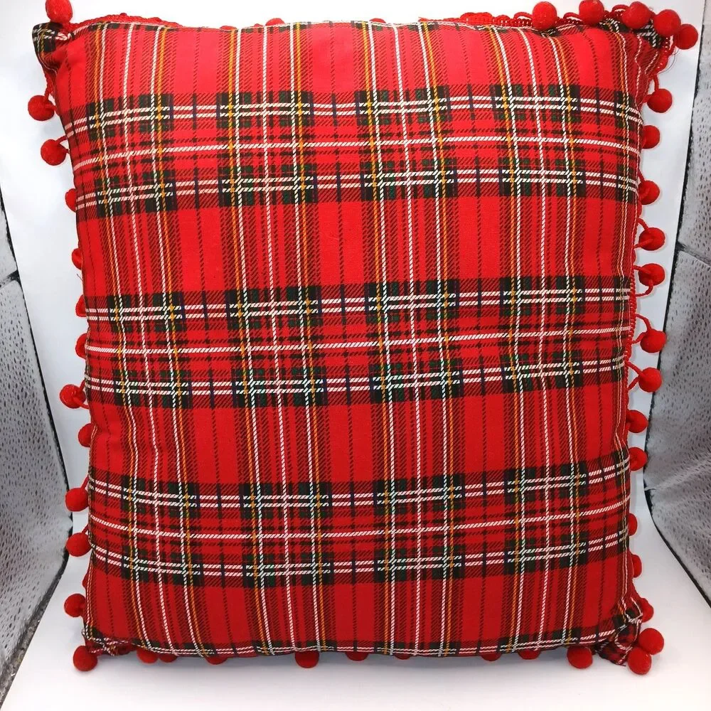 Scottie Dog Decorative Accent Throw Pillow Red Black Plaid PomPom Fringe 12x11